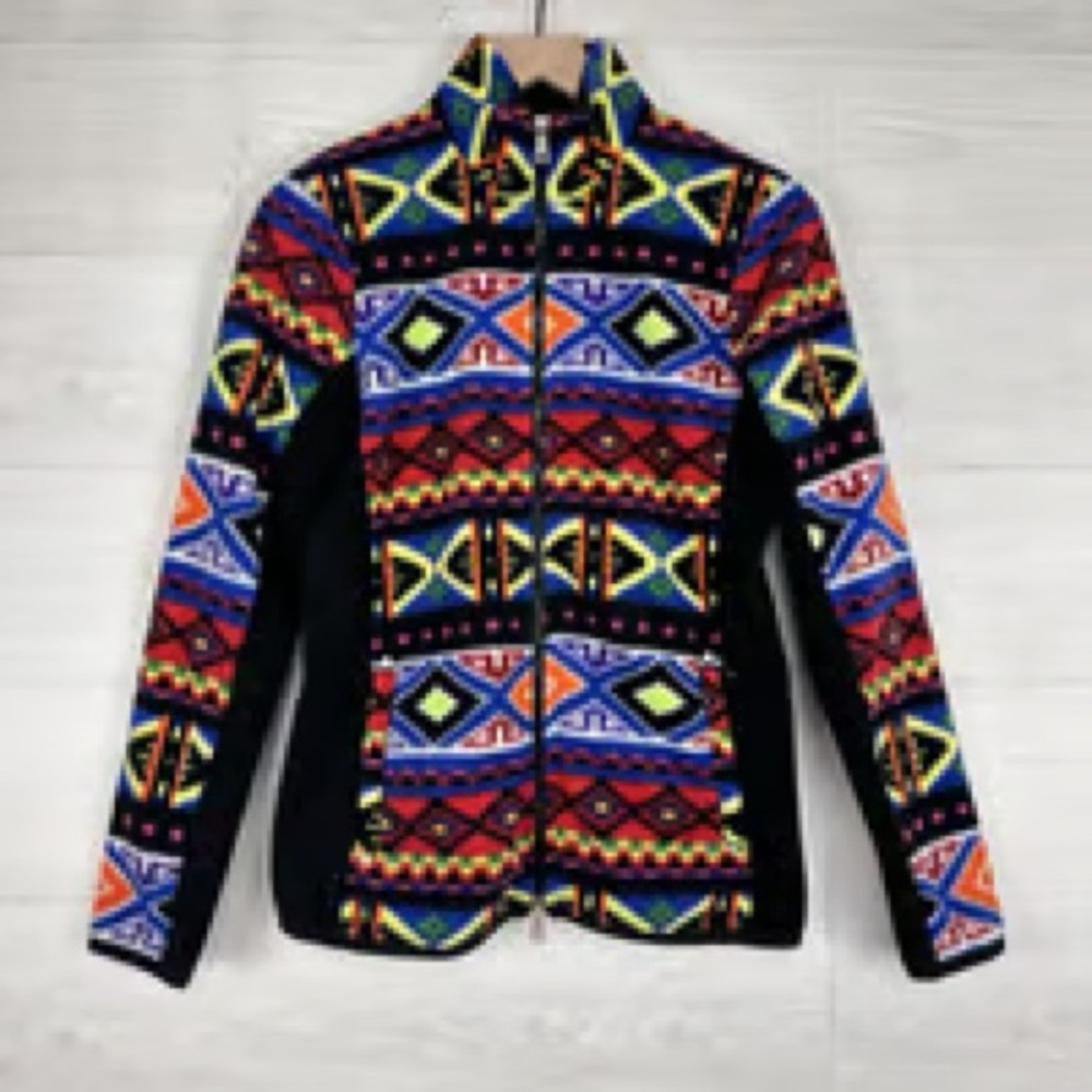 RALPH LAUREN Fleece Jacket Black Multi Aztec Southwest Full Zip EUC Womens Sz. M - Picture 3 of 9